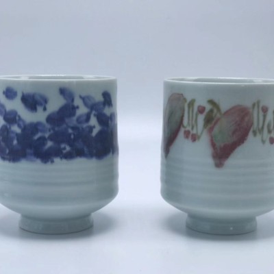 Teebecherset, Jingdezhen Porzellan, roter und blauer Dekor